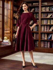 Vintamour 复古经典优雅女式连衣裙，修身船领 3/4 袖连衣裙，配有腰带和纽扣，海军蓝色连衣裙 - 酒紅色 - 查看 4