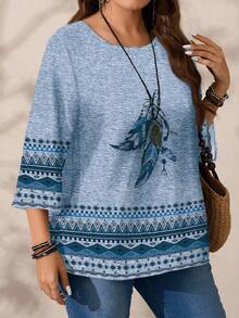 EMERY ROSE Blusa larga con collo rotondo e maniche 3/4 con motivo a piume, per donne taglie forti, adatta per autunno/inverno