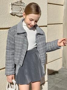 Girls' Retro Gray Oversized Collar Loose Short Padded Coat, Suitable For Daily Wear In Winter - Grey - View 6