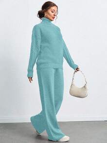 SHEIN Tall 高領落肩袖毛衣褲子套裝，女款套裝，小碼套裝，套裝，小碼，冬季衣物，高個子女性 - 薄荷綠 - 查看 3