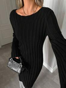 EURMUSE Vestito lungo in maglia a costine casual con collo a barca, a righe, maniche a campana, comodo e chic per tutti i giorni - Grigio - Visualizzare 7