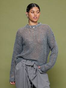 COUREZ 长袖双层开襟针织套头衫，Y2K秋冬休闲外出上衣，灰色冬季毛衣新年款 - 灰色 - 查看 2