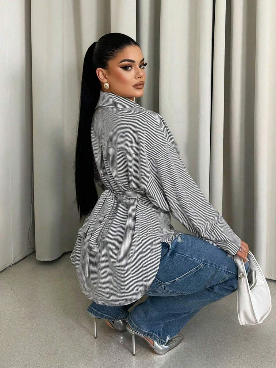 Sirith Women's Striped Minimalist Long Sleeve Shirt, Casual Everyday Wear - Black - View 1