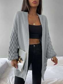 SHEIN 雙口袋落肩袖開門襟開襟衫 - 灰色 - 查看 4