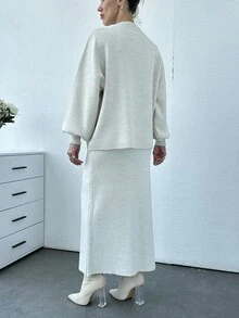 EURMUSE 女士纯色灯笼袖毛衣和毛衣裙套装