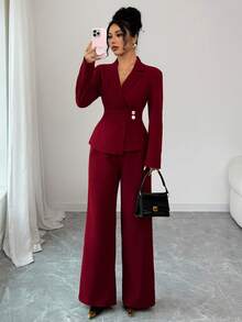 SHEIN Elenzya 女式不对称腰长袖西装外套和阔腿裤套装，优雅的办公室通勤装，秋冬 - 酒紅色 - 查看 4