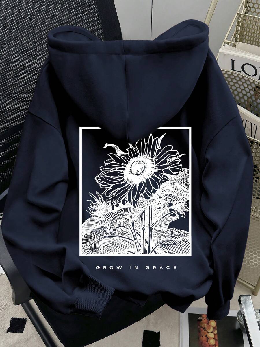 SHEIN Women's Floral Print Drop Shoulder Long Sleeve Casual Loose Hoodie Sweatshirt, Autumn/Winter