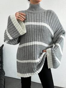 EURMUSE Women's Stand Collar Striped Drop Shoulder Sweater - Grey - View 5