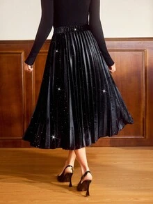 Vintamour Women's Black Velvet Pleated Skirt,Autumn Classy Elegant Party Vintage Long Skirts,Winter For New Year,Fitted Classic Elegant Party Skirt - Black - View 2
