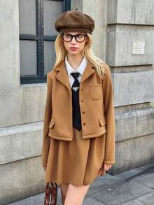 少女西装外套和裙子套装 - 棕色 - 查看 7