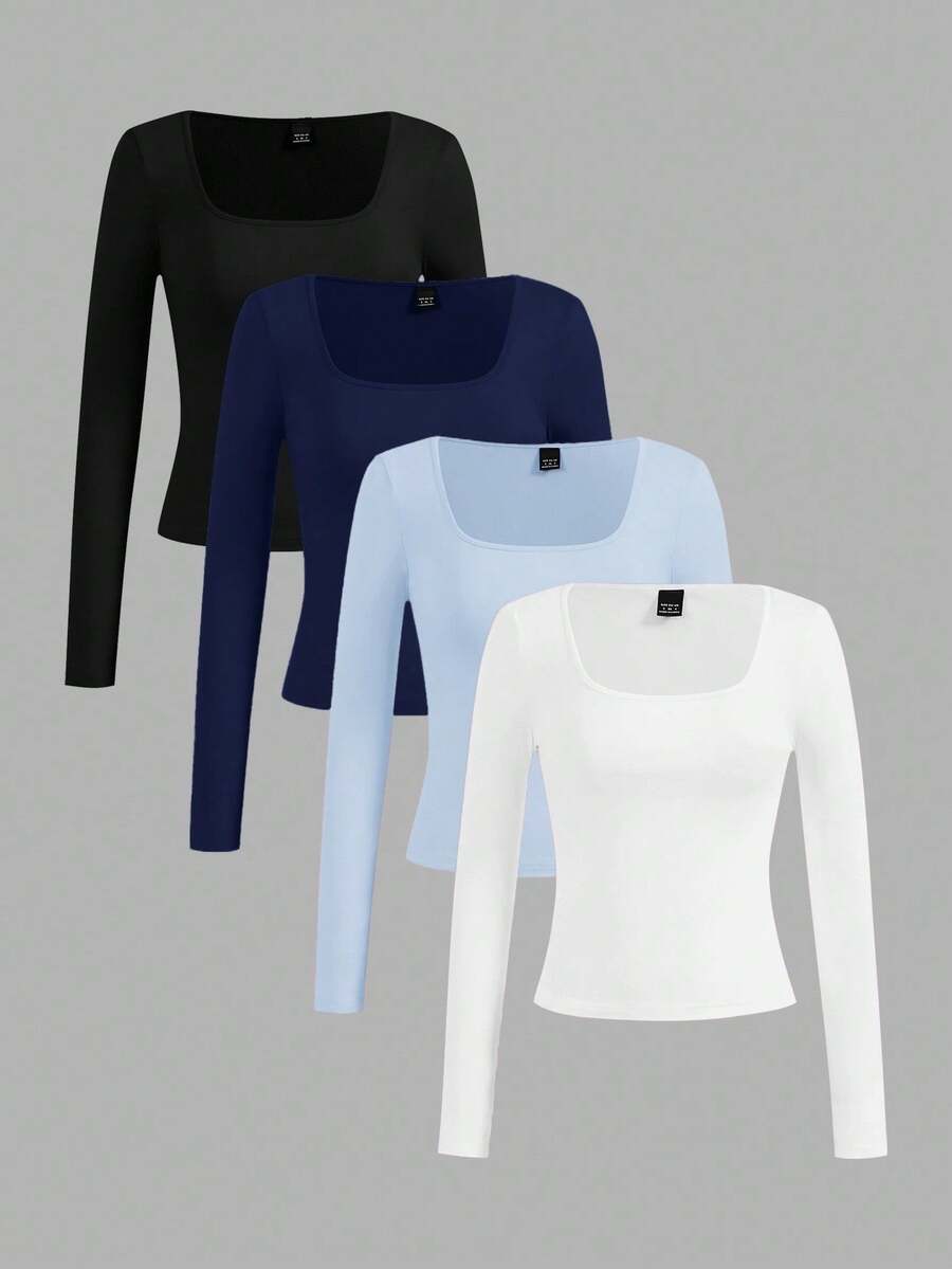 SHEIN Essnce Bộ 4 áo thun cổ vuông tối giản thường ngày dành cho nữ, màu trơn, thích hợp mặc mùa thu/đông, mặc nhiều lớp, mặc ngoài trời, áo lót - Nhiều màu - Xem 1