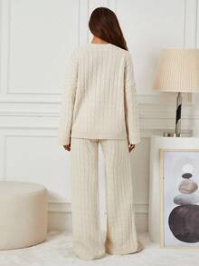 EURMUSE Women's Cable Knit Drop Shoulder Sweater And Pants Two Piece Set - Beige - View 2
