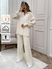 EURMUSE Rib Pattern Polo Neck Sweater And Pant 2pcs Set - Apricot - View 1