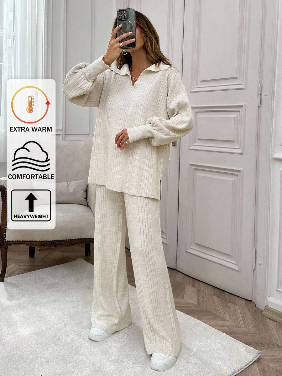 EURMUSE Rib Pattern Polo Neck Sweater And Pant 2pcs Set - Apricot - View 1