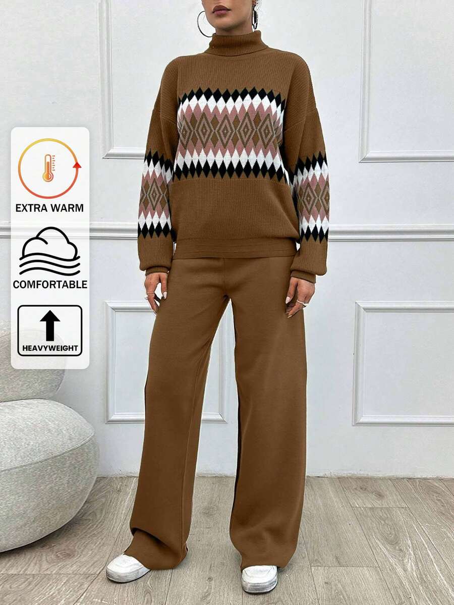 SHEIN Tall 女款幾何圖案高領毛衣 2件/套,小碼套裝,套裝,小碼,冬季衣物,高個子女性 - 駝色 - 查看 1