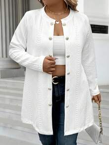 Calvaya Plus Size Women Casual Textured Fabric Solid Color Button Decor Jacket Fall Winter Cloth For Women Autumn - White - View 1