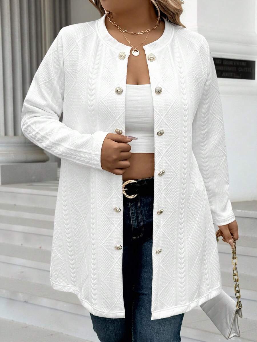 Calvaya Plus Size Women Casual Textured Fabric Solid Color Button Decor Jacket Fall Winter Cloth For Women Autumn - White - View 1