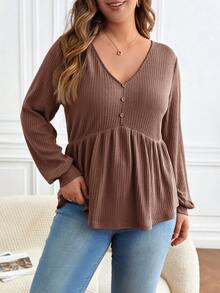 SHEIN Frenchy Plus Size Solid Color Minimalist Long Sleeve T-Shirt, Everyday Wear - Mocha Brown - View 6