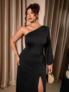 Cravure 大码女式新款单肩、落肩、露背、合身浪漫灯笼袖长裙，适合鸡尾酒会和日常穿着 - 黑色 - 查看 6