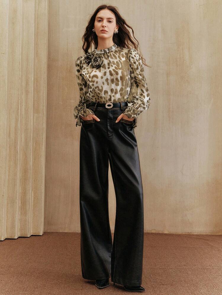 Schicke Leoparden-Muster Vintage 3D Blumen Schleifen-Bluse, geeignet für Herbst, Winter, Frühling, Neujahr, Party, Hochzeit, Arbeit, Thanksgiving, Abschluss, Weihnachten, Feste