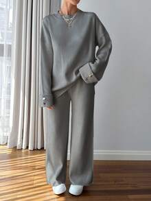 EURMUSE Women Button Detailed Sweater And Pant Set - Light Grey - View 6