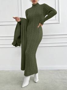 EURMUSE Đầm dài đơn giản cổ đứng màu trơn dành cho nữ & áo len cardigan tay dài, trang phục thường ngày - màu xanh lá - Xem 5
