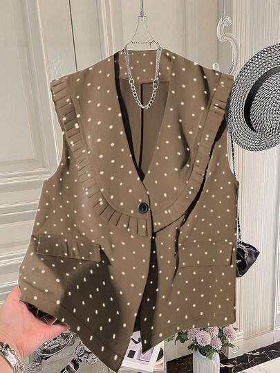 GlowEve CURVE Plus Size Polka Dot Sleeveless Vest With Loose Pleated Hem And Fake Pockets, Shawl Neck