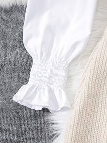 INAWLY 2pcs/Set Spring Lantern Sleeve White Blouse & Loose Fitting Open Front Cardigan For Women Fall Winter Cloth For Women - Apricot - View 4