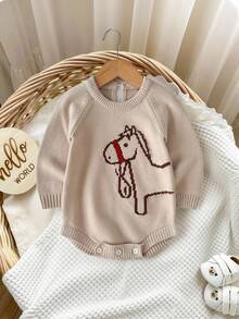 SHEIN Playful Pals Baby Boy Casual, Fashionable, Simple And Cute Khaki Knitted Bodysuit With Little Horse Pattern, Soft And Comfortable, Suitable For Daily Scenes, Suitable For Autumn And Winter - Khaki - View 2