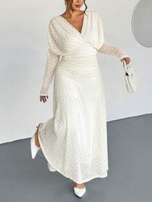 Firerie Plus Size Women Elegant Vacation Textured Fabric Ruched Long Sleeve V-Neck Elastic Waist Flared Dress Spring