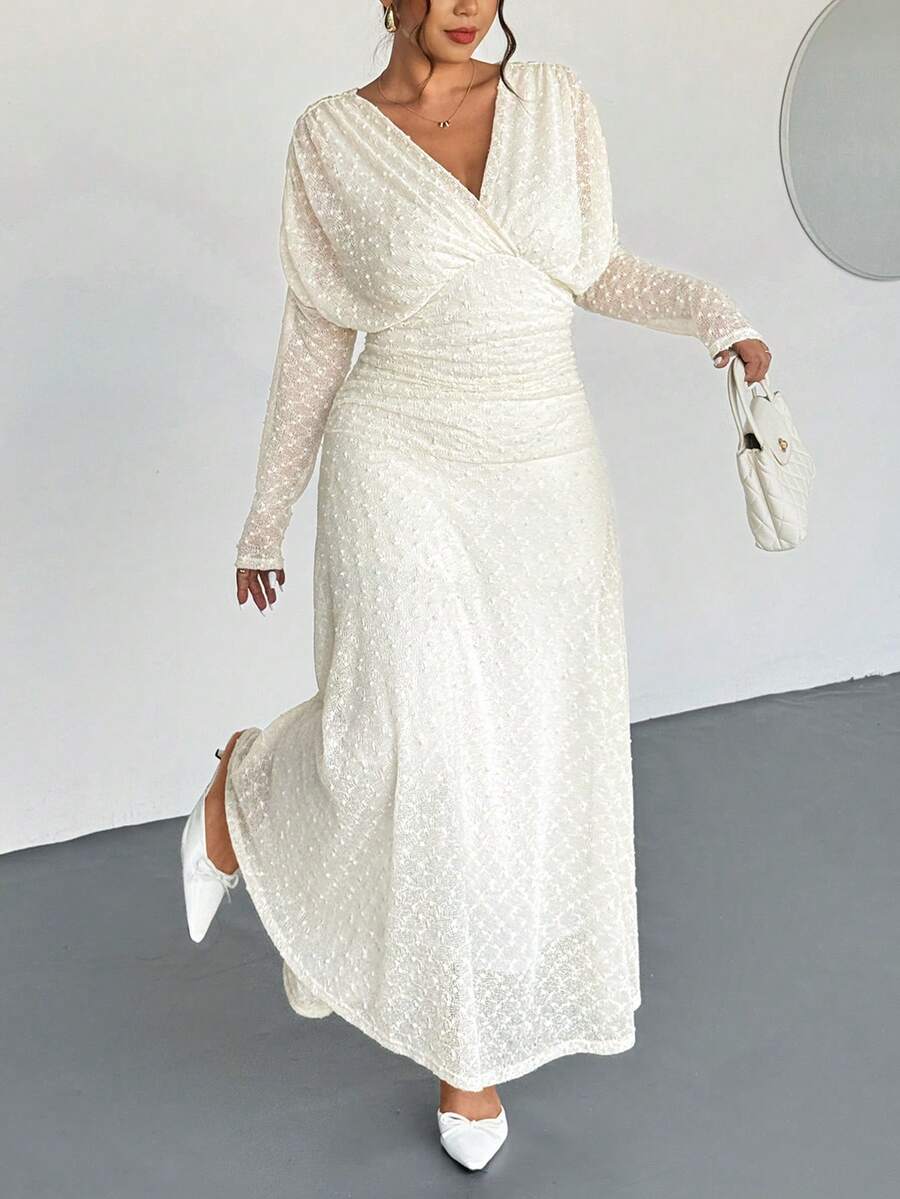 Firerie Plus Size Women Elegant Vacation Textured Fabric Ruched Long Sleeve V-Neck Elastic Waist Flared Dress Spring