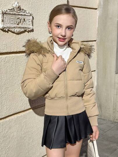 Girls Casual Fur Collar Hooded Short Padded Coat, Suitable For Daily Wear In Winter