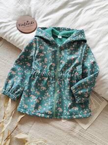 SHEIN Vintaside Kids 女童可爱印花保暖内衬拉链夹克，秋冬 - 綠色 - 查看 3