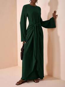 Zivah 2025夏初秋新款，适合生日派对，毕业季，日常出游，百搭，休闲度假，邮轮旅行，沙滩海边沐浴阳光，网络爆款，休闲优雅，通勤派对，圆领，长袖，喇叭袖口，腰带设计，修身超长连衣裙，女士棕色长裙-A - 橄欖綠 - 查看 7