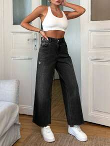 EURMUSE 100% Cotton Mid Waist Frayed Hem Wide Leg Jean - Dark Grey - View 4