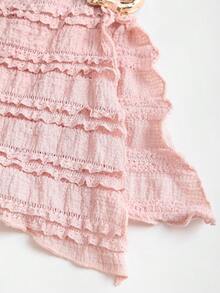 Sweetra 女士新款春夏秋休闲通勤旅行衬衫，纹理面料，不对称肩部，喇叭袖，不对称下摆，腰部金属装饰 - 粉色 - 查看 6