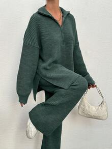 EURMUSE 2pcs Women's Plain Zip Up Long Sleeve Sweater Suit And Sweatpants - Mint Green - View 4