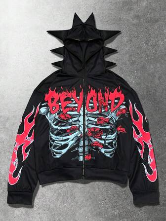 Men's Fashion Antler Decor Skull Print Hoodie Sweatshirt