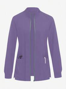 SHEIN TaskFit Contrast Color Zipper Pocket Long Sleeve Scrub Uniform Jacket - Purple - View 1