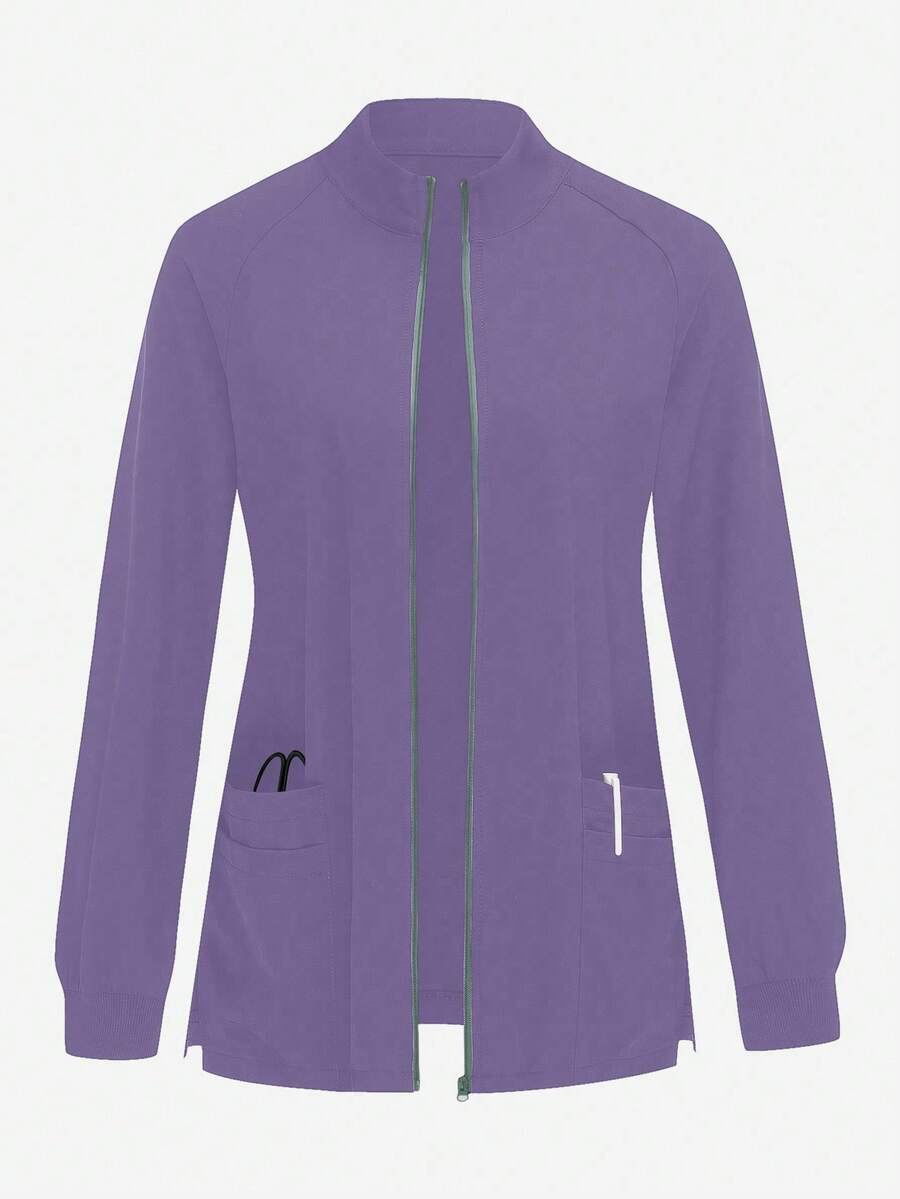 SHEIN TaskFit Contrast Color Zipper Pocket Long Sleeve Scrub Uniform Jacket - Purple - View 1