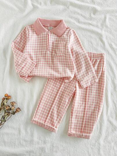 SHEIN Vintaside Kids 2pcs/Set Toddler Girls' Fashionable Casual Plaid Polo Collar Long Sleeve Top And Pants Set, Suitable For Spring, Autumn, Winter, Indoor, Outdoor, Back To School, Daily Wear