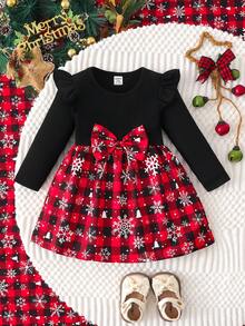 SHEIN Playful Pals Baby Girl Christmas Plaid Dress Snowflake Print Long Sleeve Ruffle Shoulder Large Bow A-Line Princess Dress Holiday Party Outfit - Multicolor - View 8