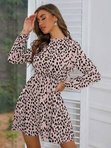 EMERY ROSE Robe courte à imprimé floral avec col volant, manches lanternes et taille cintrée, élégante pour femme, printemps/automne - Rose bonbon - Voir 5