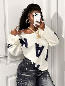 BamGleam Women's Casual Fashion Street Letter Pattern Loose Oversized Pullover Sweater, Autumn, Christmas