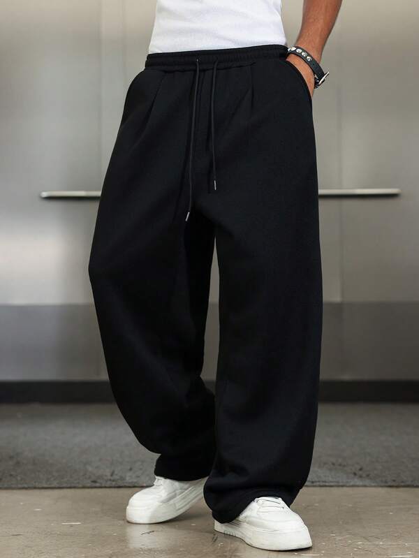 Manfinity EMRG Men's Solid Color Casual Loose Fit Pants Men Oversized Pants Black Baggy Sweat Pants Men Japanese Pants For Men Korean Pants Men Men Loose Fit Pants