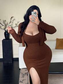 Flirla 大码女式棕色纯色针织细肩带性感开衩连衣裙 + 休闲针织开衫两件套 - 棕色 - 查看 5