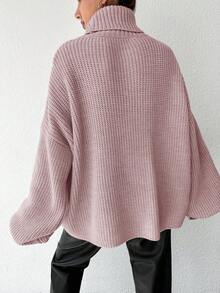 EURMUSE 女士休闲纯色高领落肩宽松套头毛衣，秋冬 - 粉色 - 查看 2