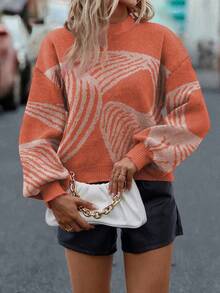 SHEIN LUNE Áo len dài tay hở vai họa tiết thường ngày cho nữ, Thu/Đông - trái cam - Xem 6