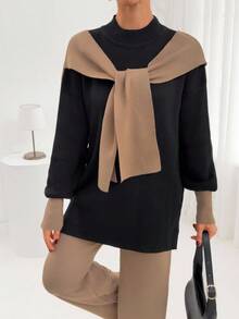 EURMUSE 女士立领长袖侧开衩毛衣和针织长裤休闲套装，秋冬