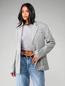 MISSGUIDED Professional Herringbone Blazer With Notch Lapels And Button Closure For Office Business - Grey - View 1